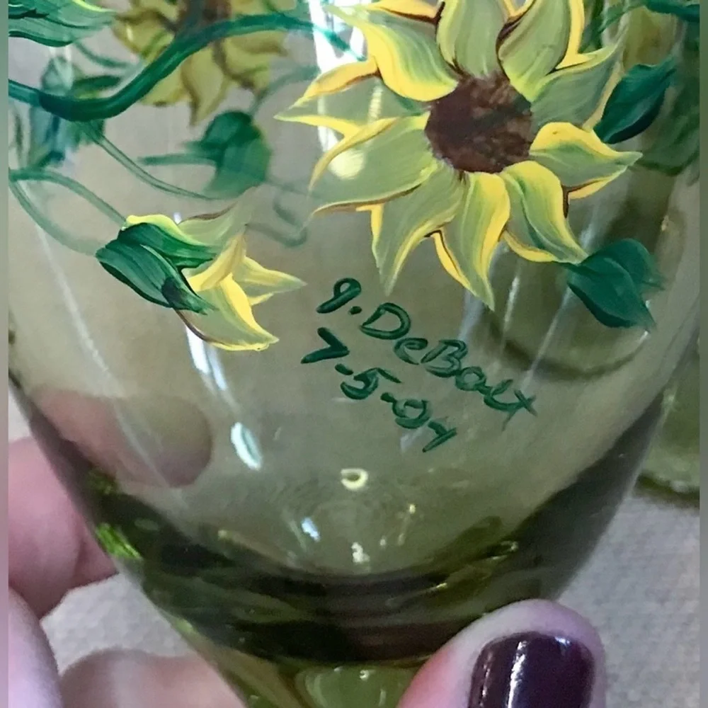 Hand Painted Sunflowers Glass Water Goblet Set Farmhouse Rustic Cottagecore